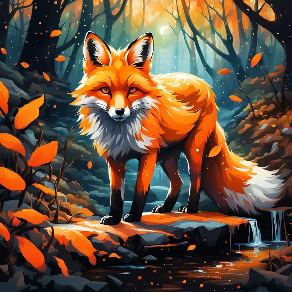 orange fox in the light forest near the brook