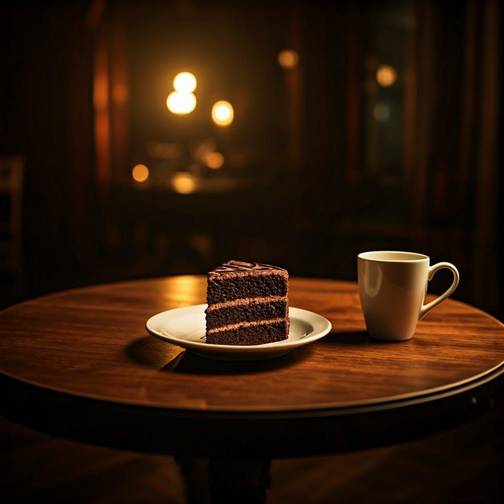 Golden Hour Cafe Moment, Dark Wood Table, Decadent Chocolate...