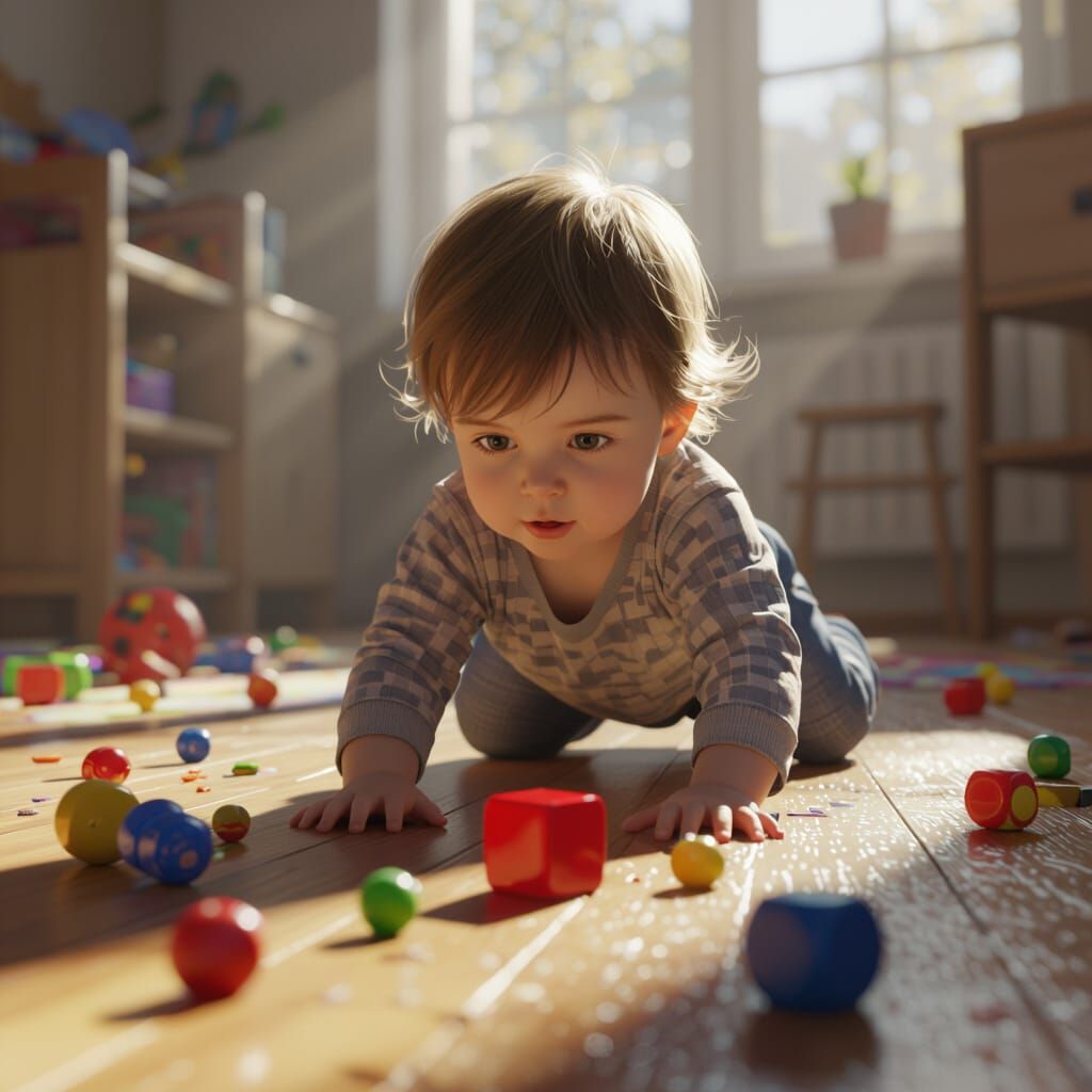 Toddler Reaching for Red Cube Amidst Scattered Toys