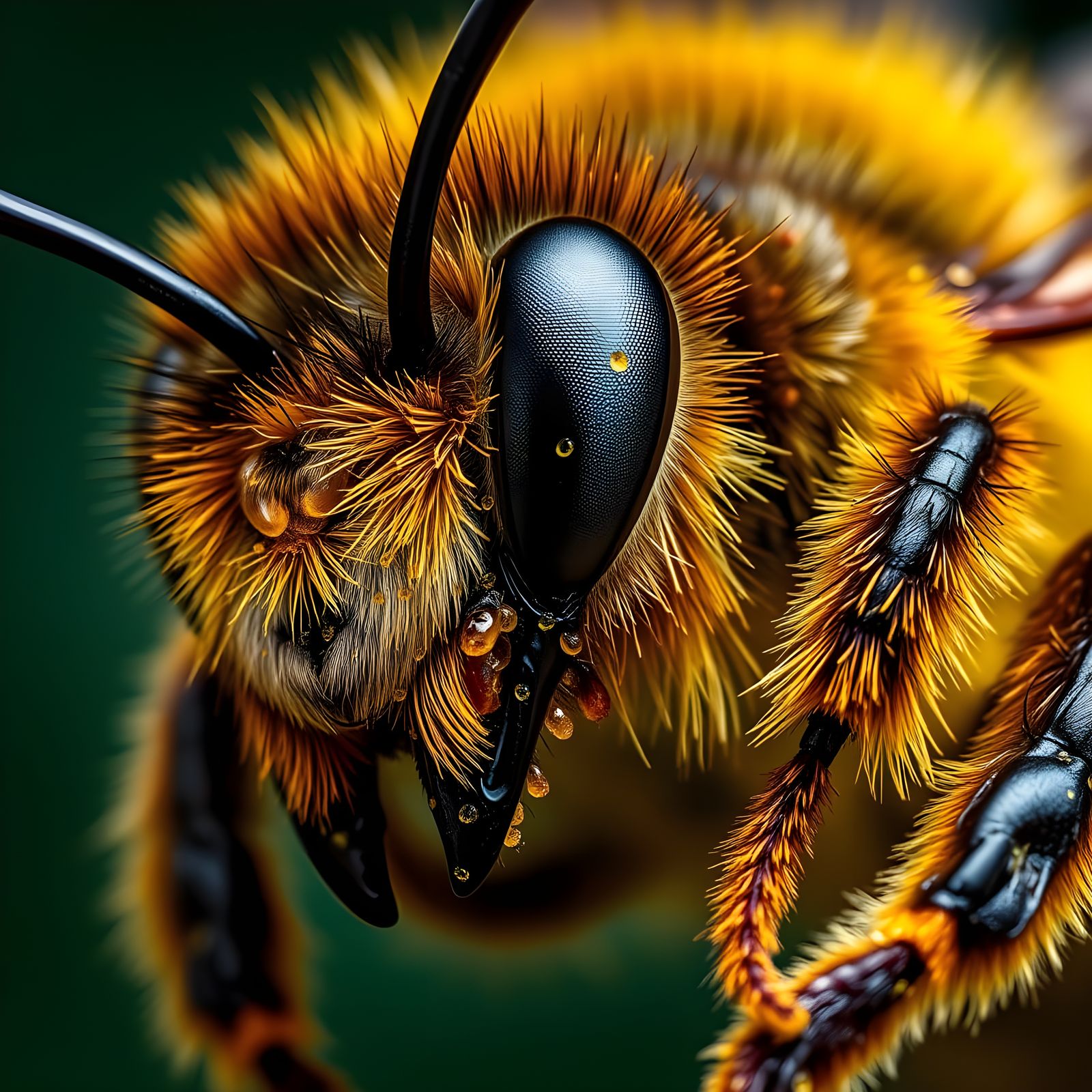 An ultra realistic macro photo of a portrait of a bee loadeed with pollen.   by @Havping