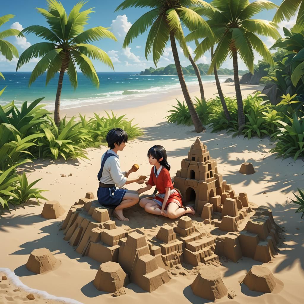 a cute asian couple playing sandcastle near a gentle waves seaside with lush greenery, lots of coconut trees