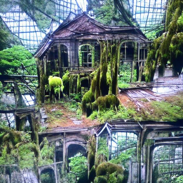 Lush old growth moss forest with abandoned green house haunt...