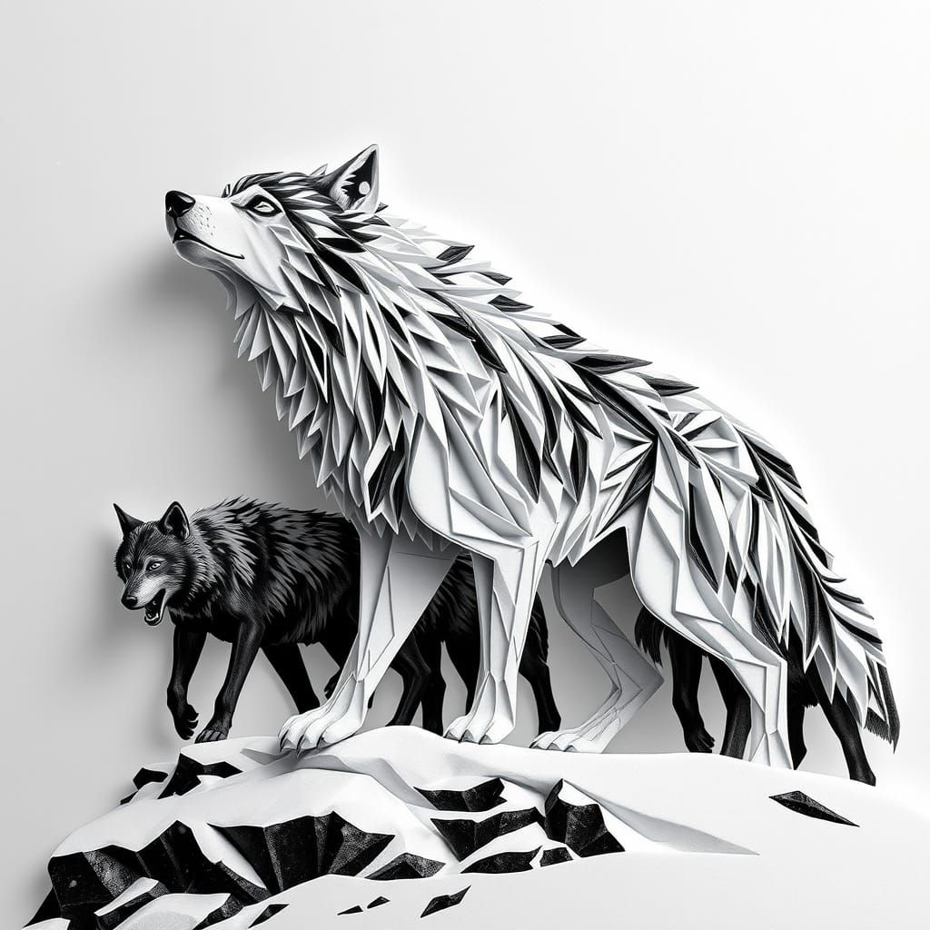 Dramatic Origami Wolf Pack Leader in Ink Wash Style