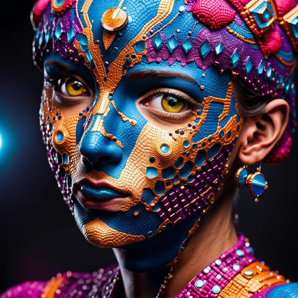 Hyperrealistic portrait of a beautiful woman wearing intricately detailed colorful clothing and futuristic jewellery.