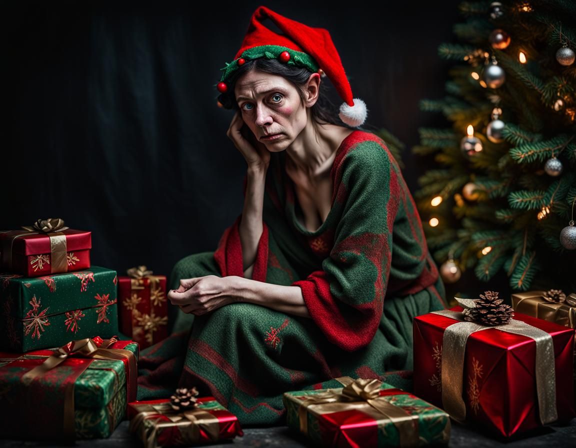 dslr Photograph of a sad haggard christmas elf woman, gifts. small ...