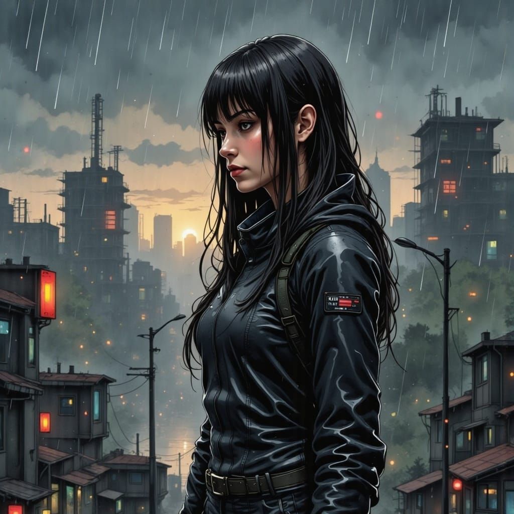 Medium shot of a female sci-fi protagonist in a cyberpunk city on a rainy evening. <lora:Sips of Wisdom:1.0> 