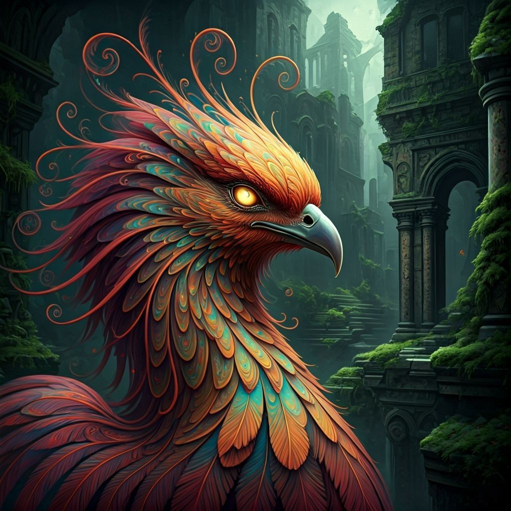 A majestic phoenix with brightly colored feathers sparkling with intricate filigree rises from the ashes of a forgotten ancient city. The ph...