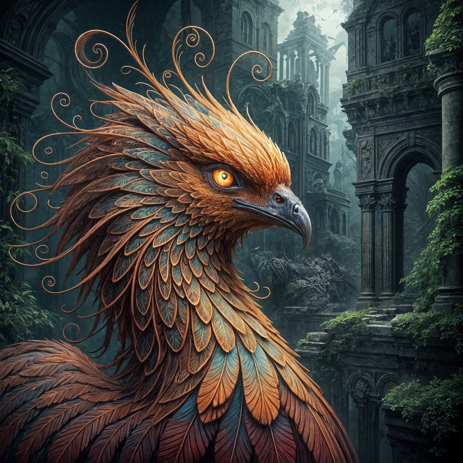 A majestic phoenix with brightly colored feathers sparkling with intricate filigree rises from the ashes ...  by @Ivanov Oleg
