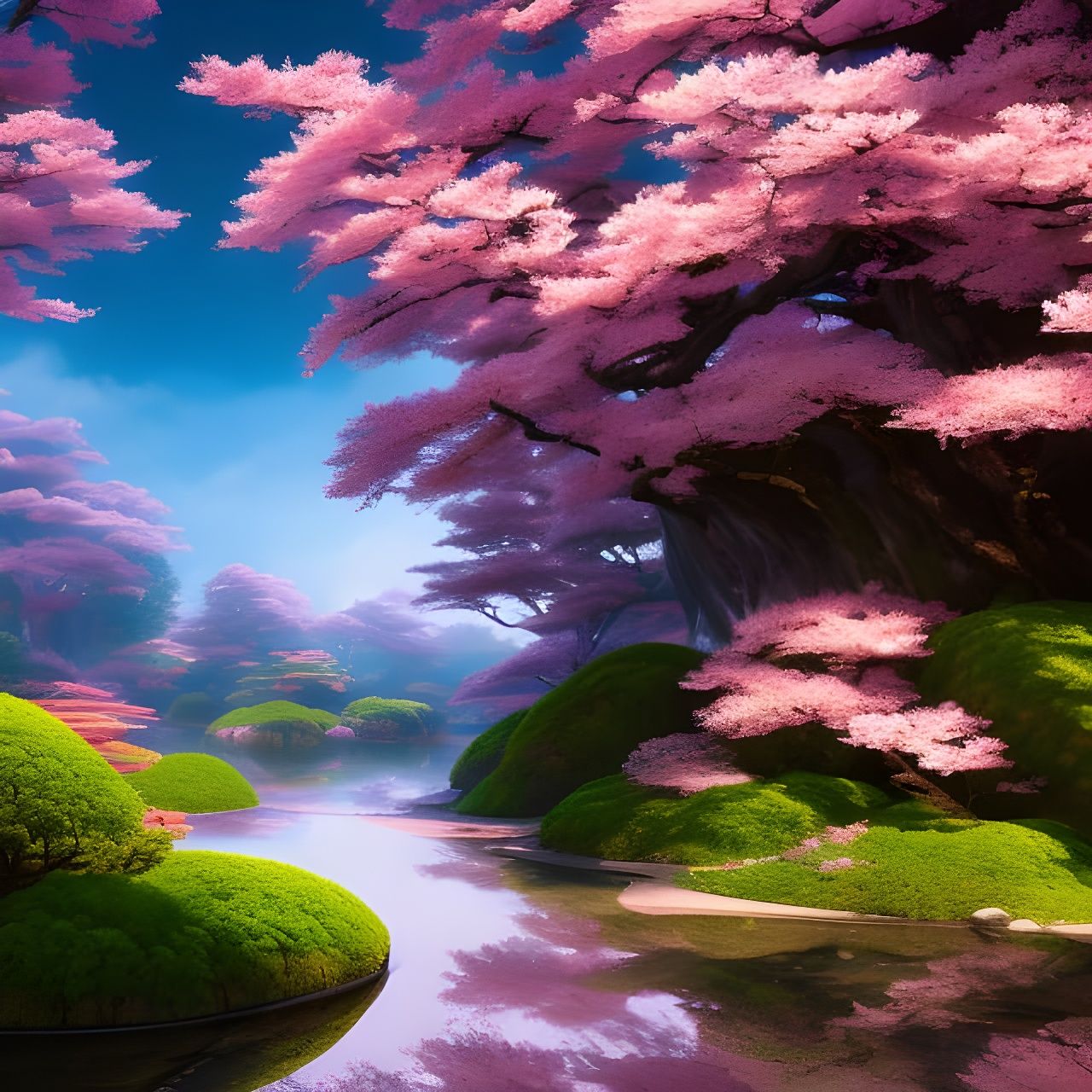 Surreal Cherry Blossom Temple on Dreamy Mountain
