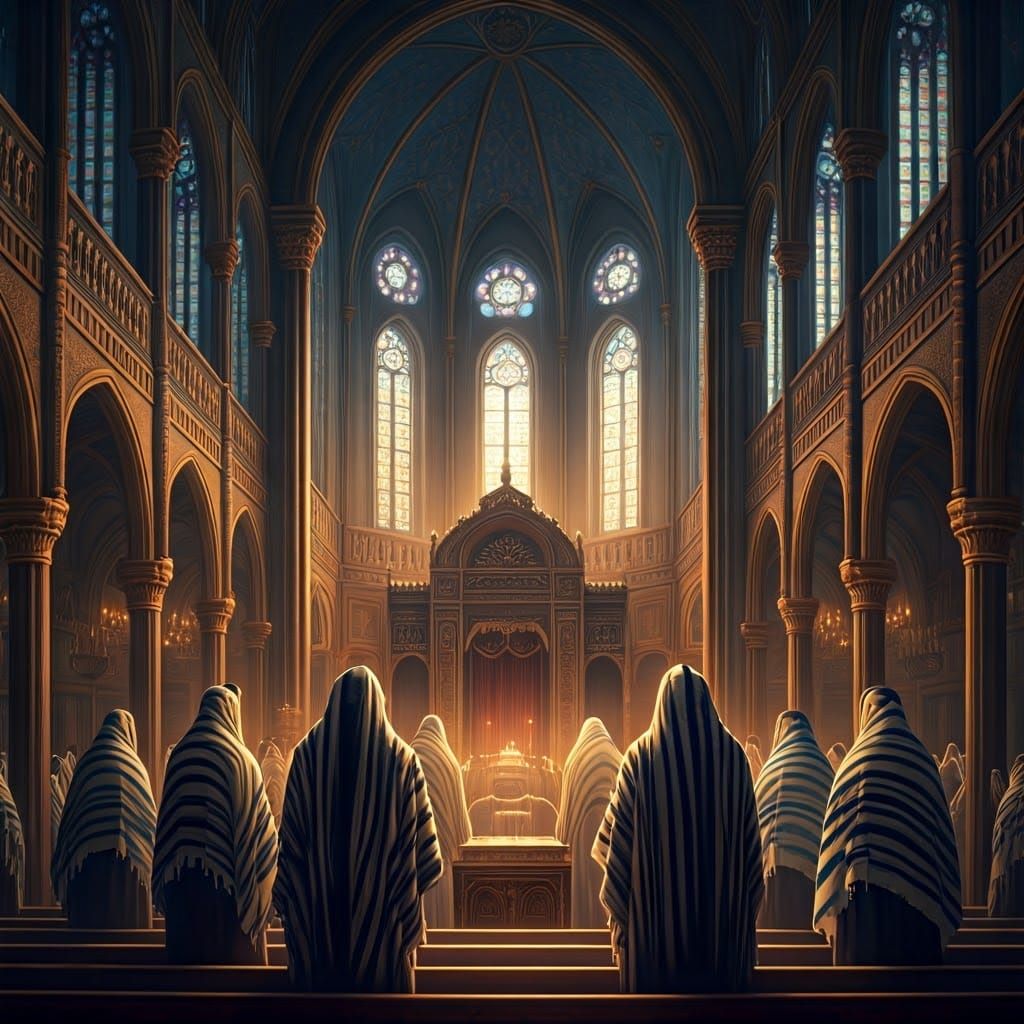 Jewish Men Praying in Synagogue: Digital Art