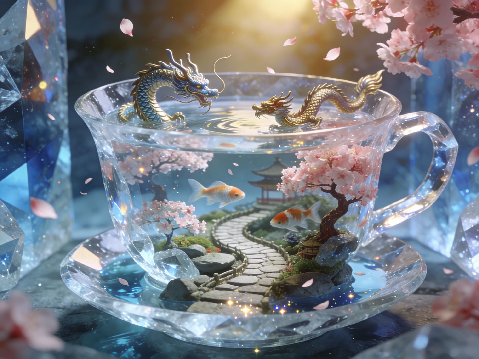 `a hyperrealistic complex Japanese garden inside a giant crystal teacup, miniature koi fish swimming through clear resin-like water, tiny dr...