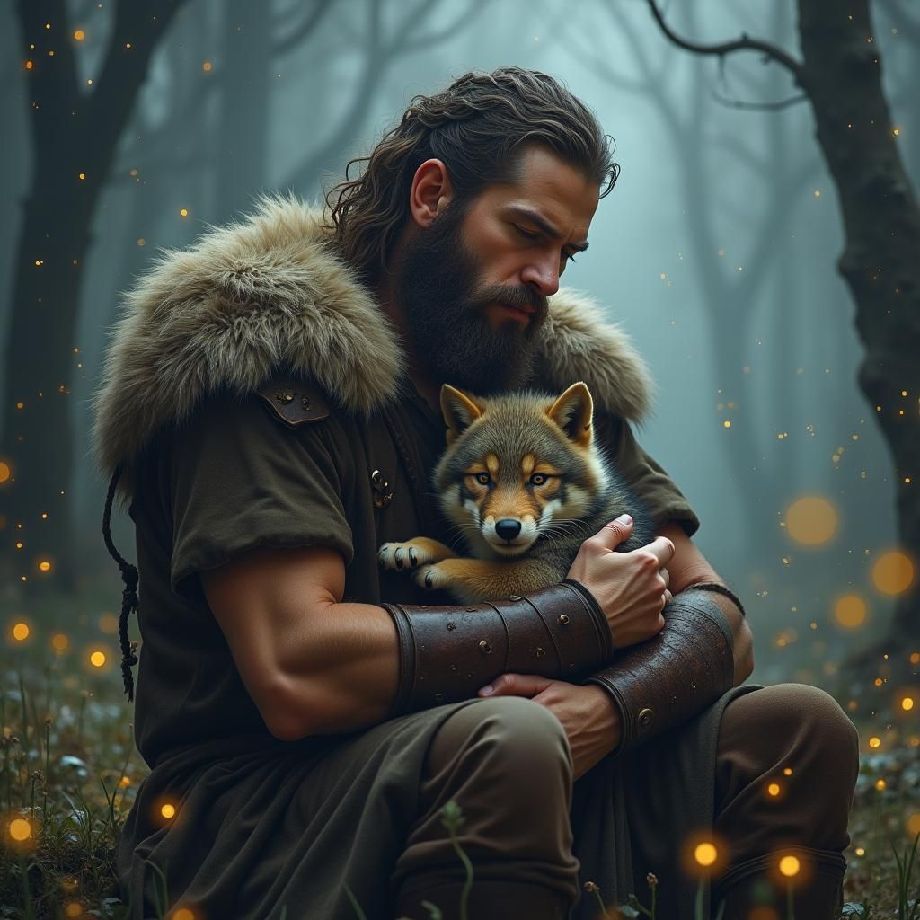 an affectionate viking who wraps his arms around his wolf cub  by @Myhana