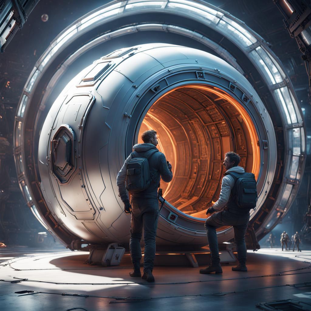 Two English men inside a giant space pod with a metal box in...