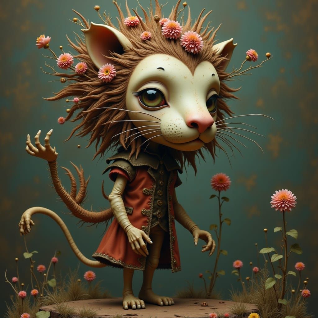 <lora:Baroque Quirky Flux:1.0> lion character, whimsical and surreal style, dark aesthetic, abstract, insanely realistic, insanely detailed,...