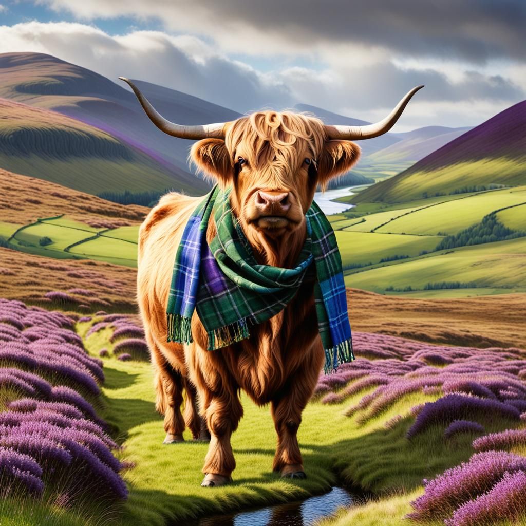 Highland Cow in Tartan Scarf, Scottish Landscape