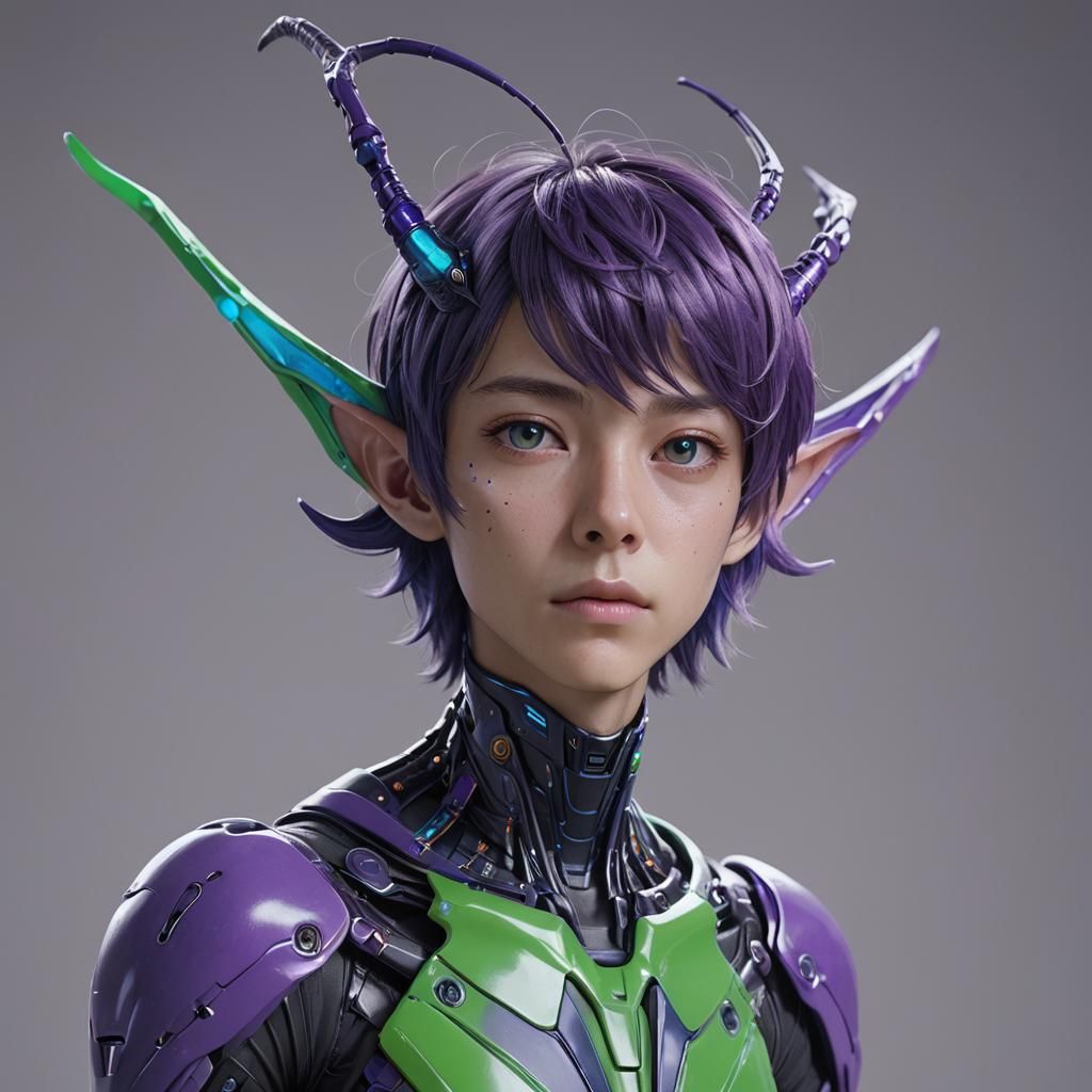 alien boy, purple, blue, green, antennae, short hair.