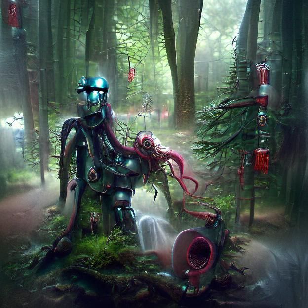 robot in a forest with tentacles sinister by Greg Rutkowski