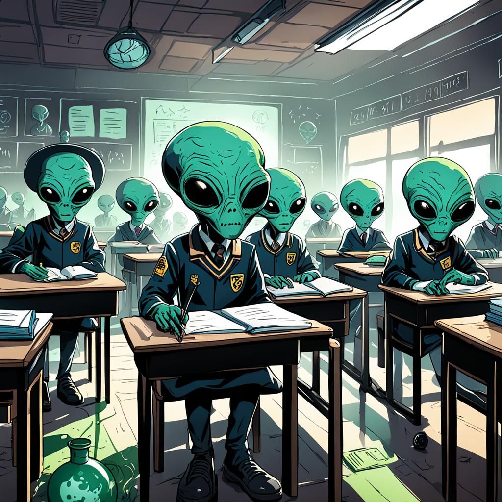 An alien school classroom with alien students in school uniform - AI ...