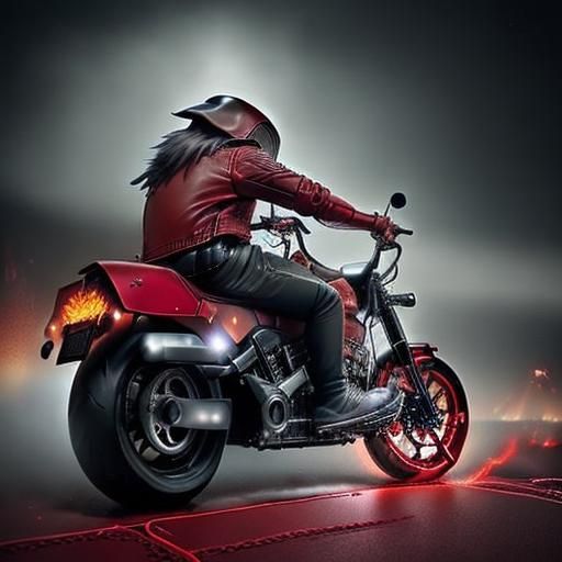 Dark <lora:Dark---Ghost Rider:1.0> fantasy elf wearing a (Red leather jacket:1.5), rinding his Harly Davidson, shrouded in a veil of cosmic...