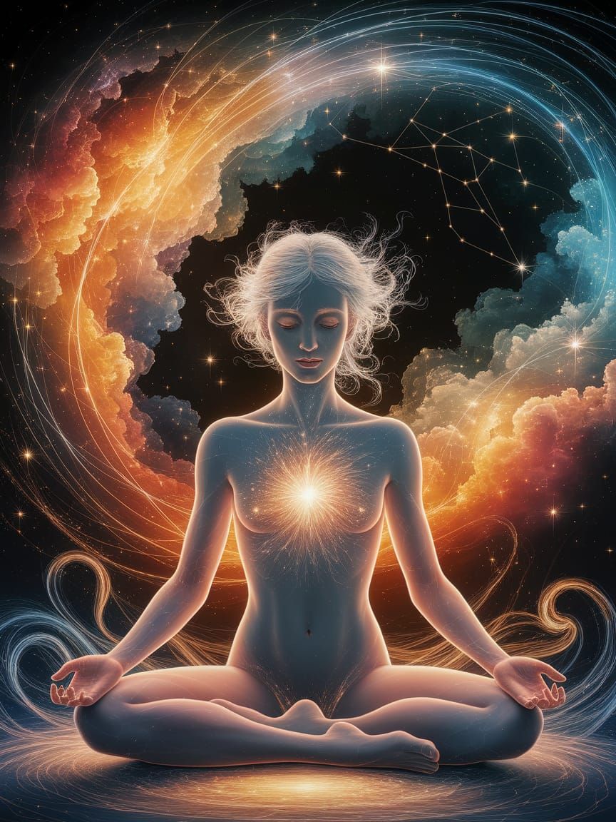 A mesmerizing digital painting of a serene, translucent human figure, seated cross-legged in a contemplative pose, with an ethereal glow ema...