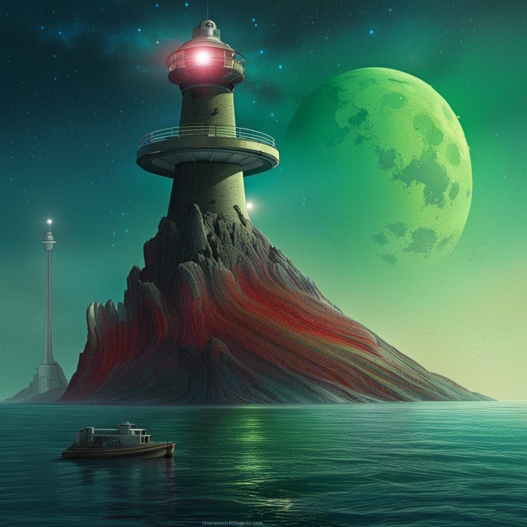 Alien lighthouse, moon of Saturn , blue ocean, alien seaport, rings of ...