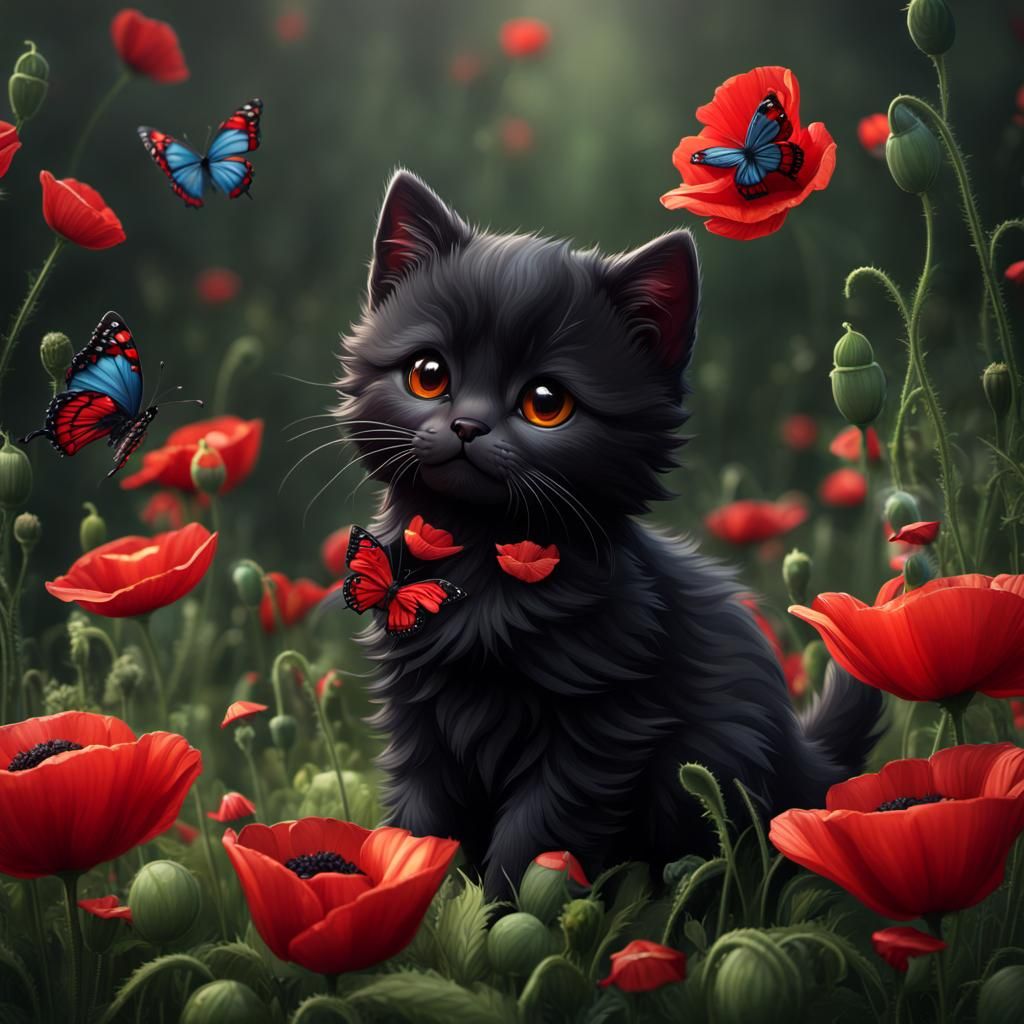 Kitten in a poppy patch
