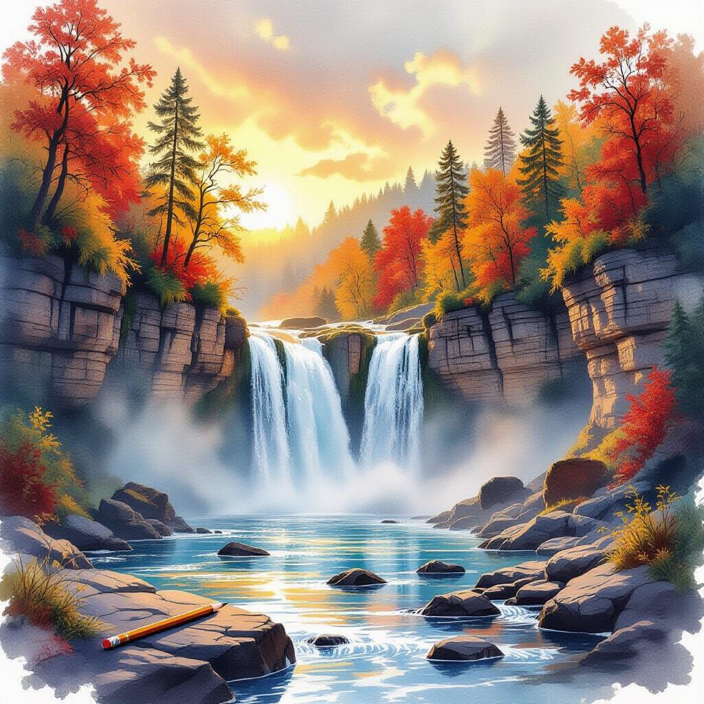 A majestic waterfall in full autumn splendor, with trees ablaze in reds, oranges, and golds lining the cliffs. The mist rising from the casc...