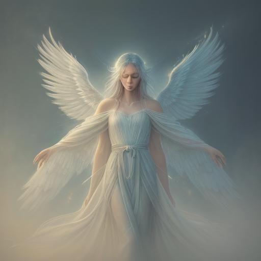 Surreal Angel in Misty Landscape with Glowing Wings