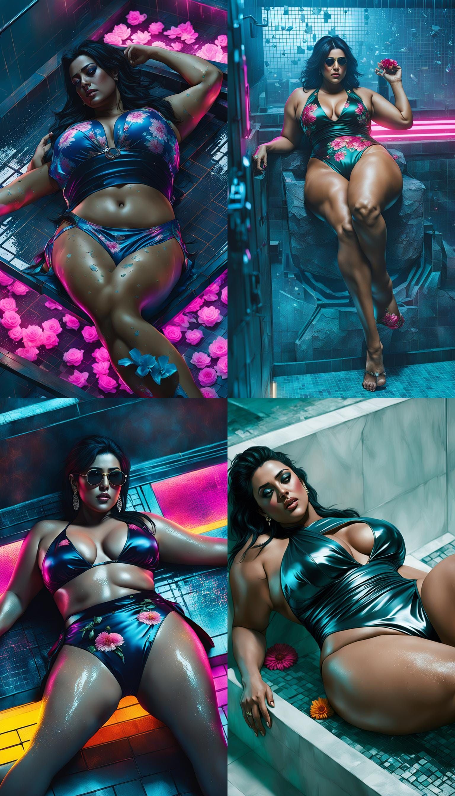 Big cleavages attractive bold, lying down backless ekta kapoor ,plus size  curvy body, big thighs, hot opened legs, wearing satin shiny flowe... - AI  Generated Artwork - NightCafe Creator