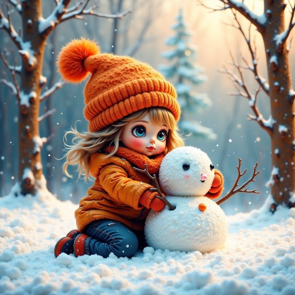  <lora:chibi-eyed doll:1.0> little kid building snowman, sunny winters day. cute chibi-eyed doll.