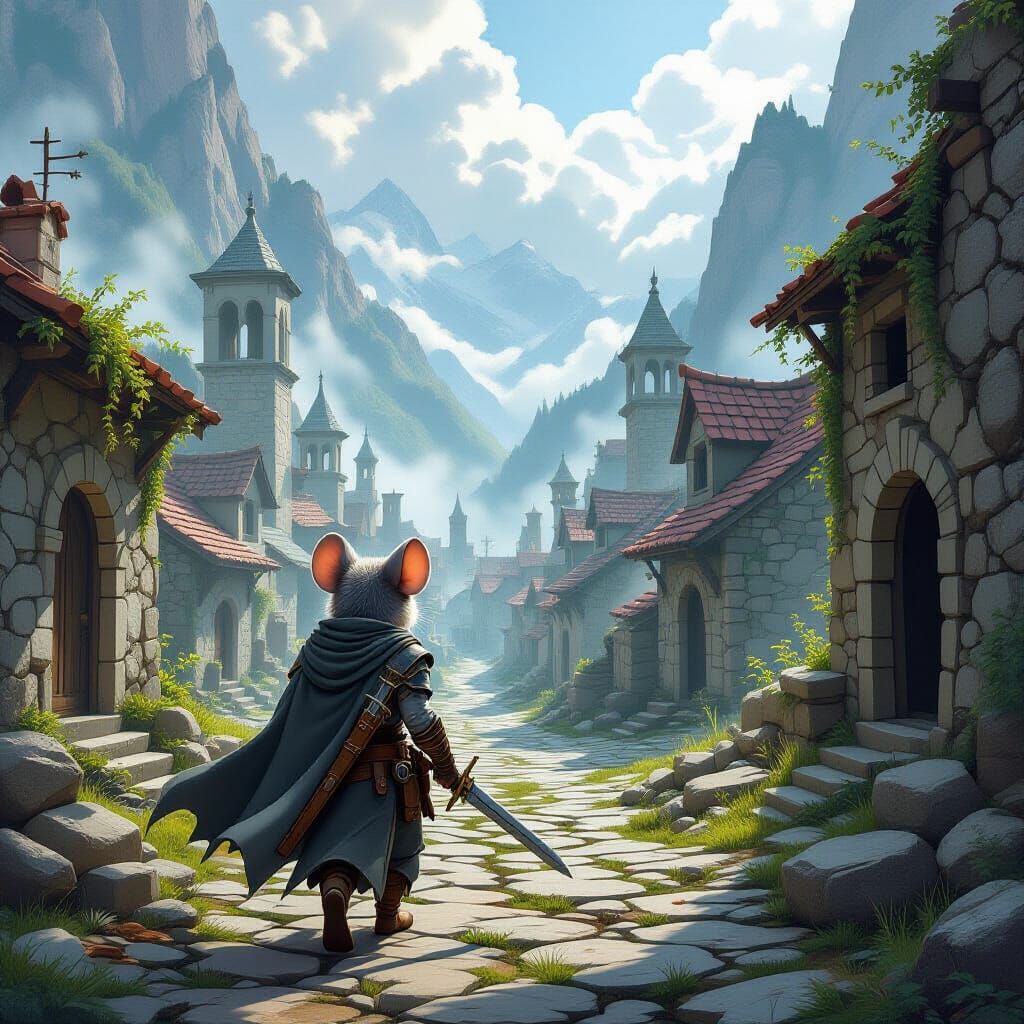 A highly detailed fantasy scene of an anthropomorphic mouse adventurer named Finn moving cautiously through the ruins of an abandoned city n...