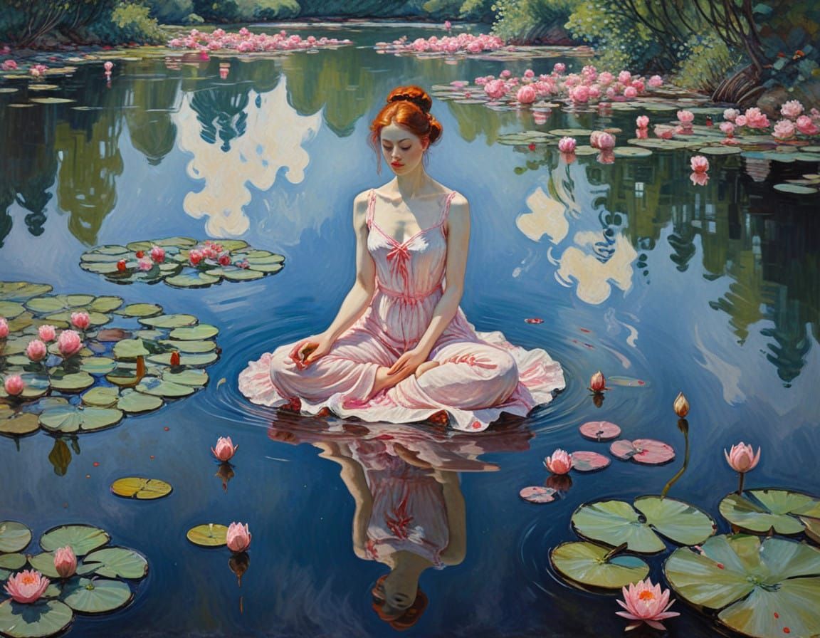 Description: A person meditates by a pond, surrounded by blooming lotuses, symbolizing spiritual enlightenment ...  by @barnaby leroy