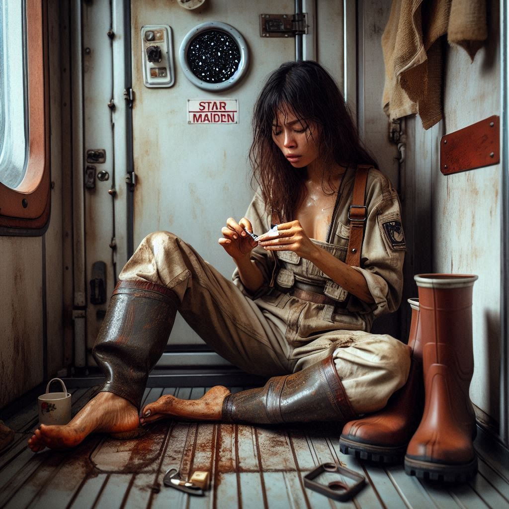 In the restroom of an old spacefreighter, a tired female wor...