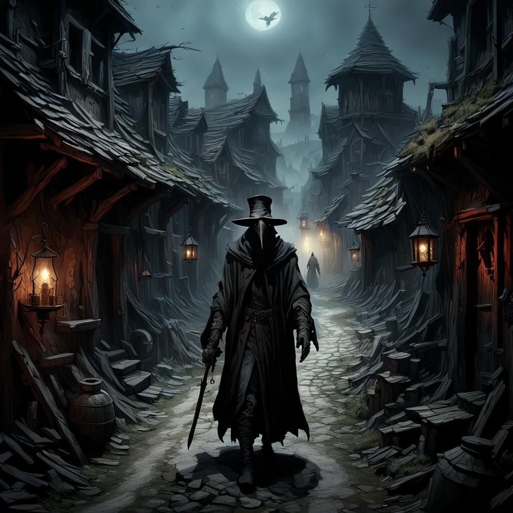 plague doctor going through an abandoned medieval village