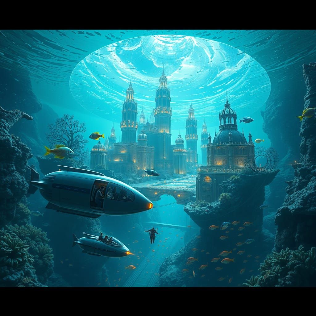 For the "Human Life Underwater" challenge, imagine a bustling underwater city built within a giant, transparent ...  by @Jemina