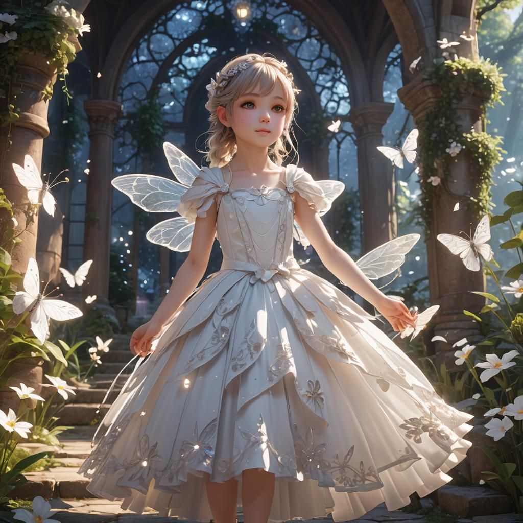 Little girl dressed in a white fairy dress in a magical sett...