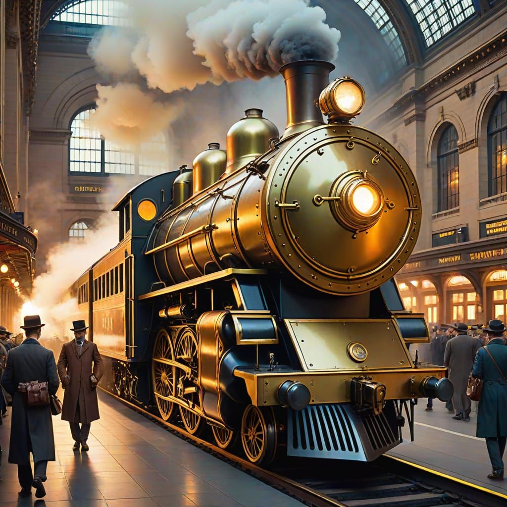 A retro train  at a retro Grand Central Station New York City, People milling about , beautiful details, ...  by @Lizzy