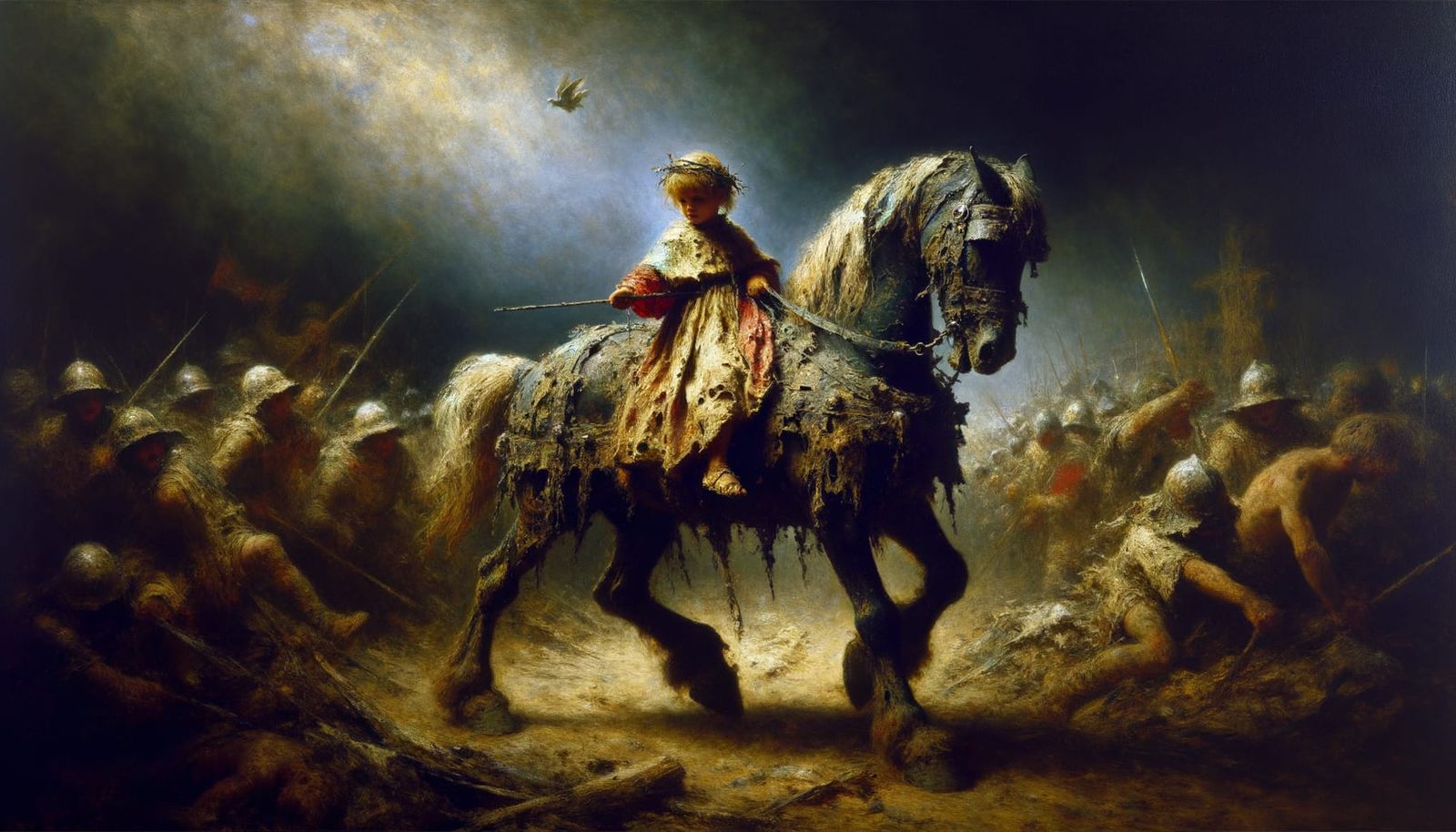 Tenebrist Girl on Clydesdale Horse in Medieval Battlefield