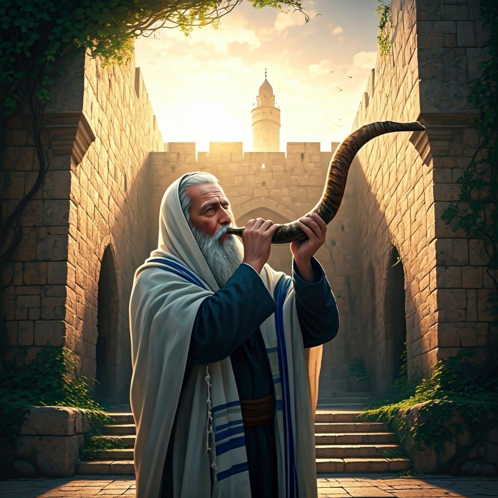 Jewish Man Blowing Shofar at Jerusalem Gates