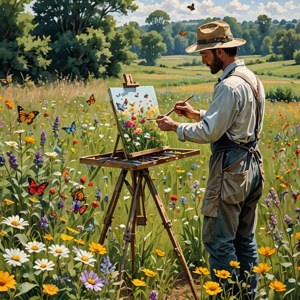 Painter with Easel in the field with flowers and butterflies