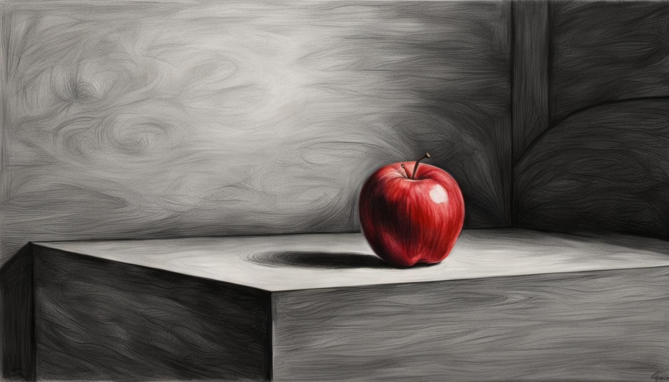 a red apple in a grayscale room