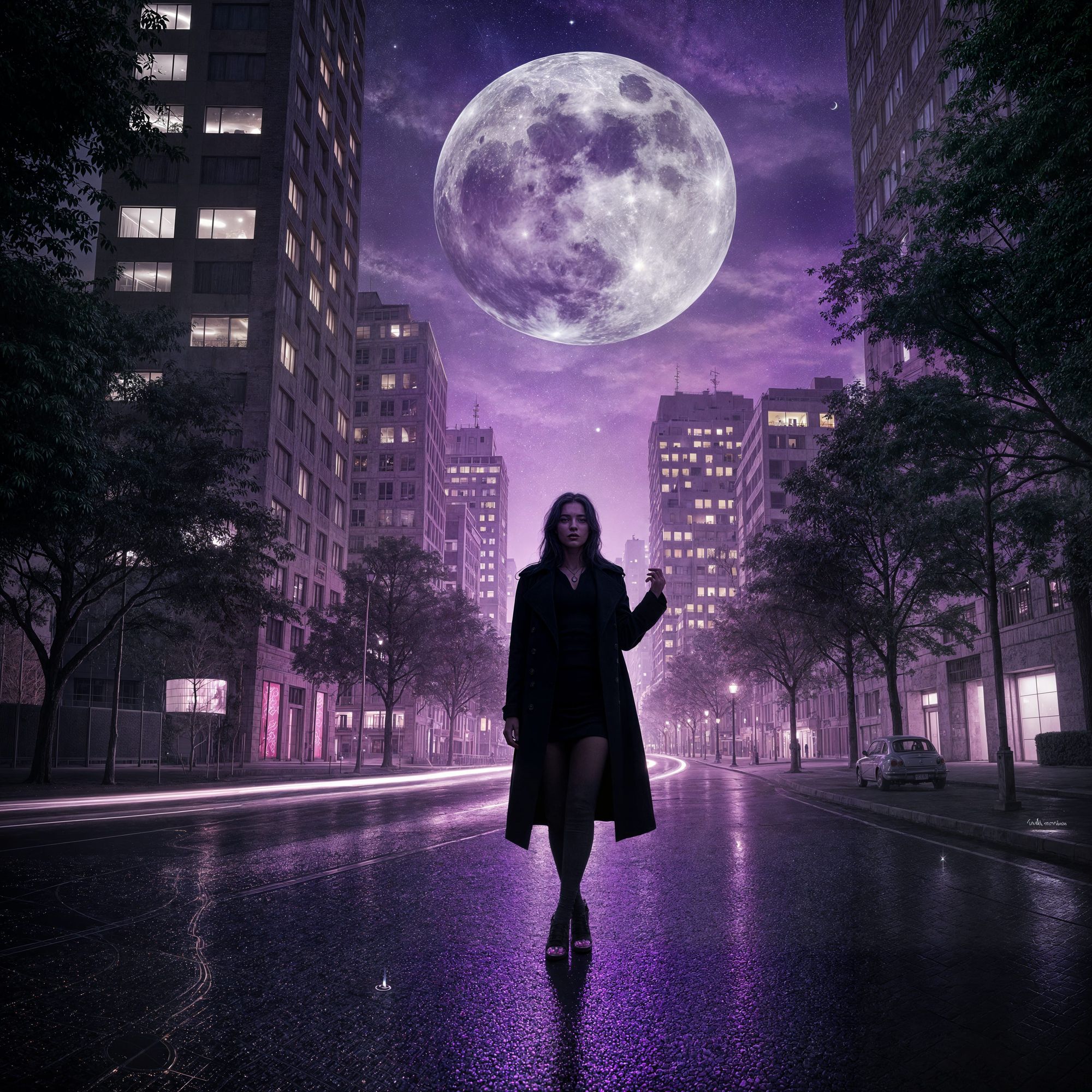 She walks slow and confident under the purple Moon