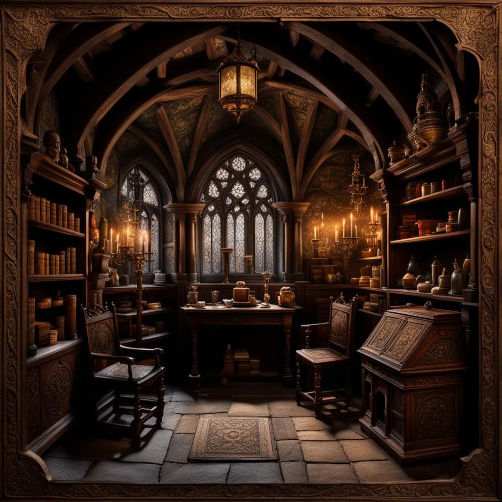 dimly lit chambers of medieval lairs, adorned with antique furnishings ...