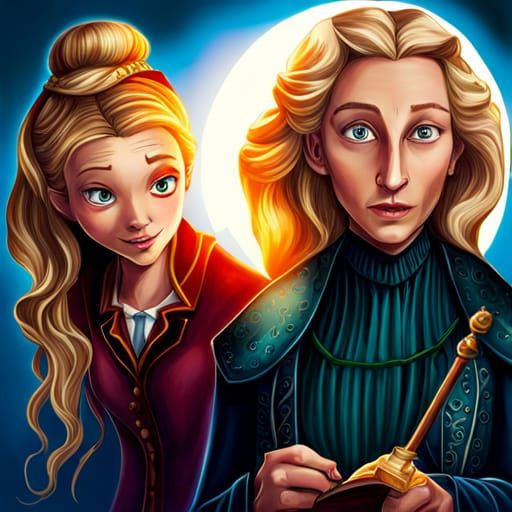 Storybook illustration, Adult Luna Lovegood in a magical duel with ...