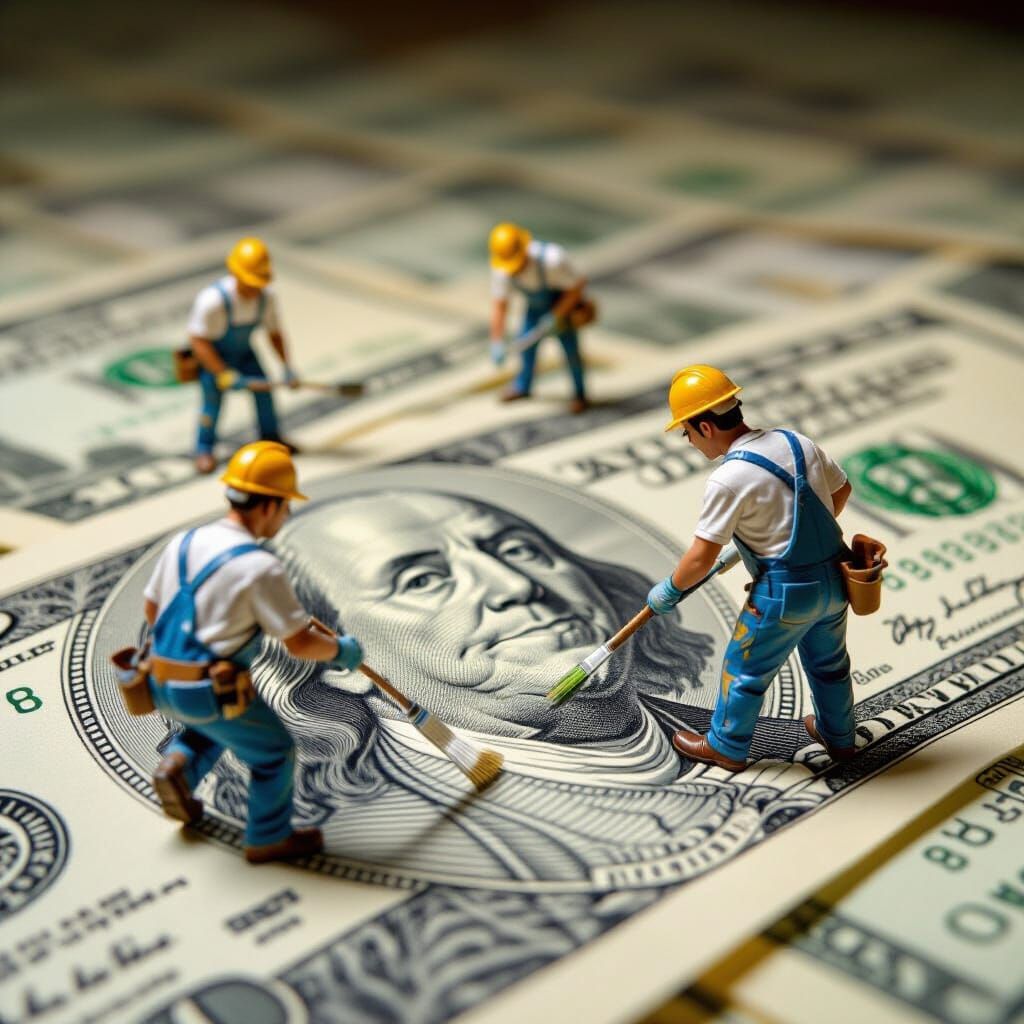 Tiny T-scale workers painting murals across the surface of a giant $100 bill  by @Teresa Trimm
