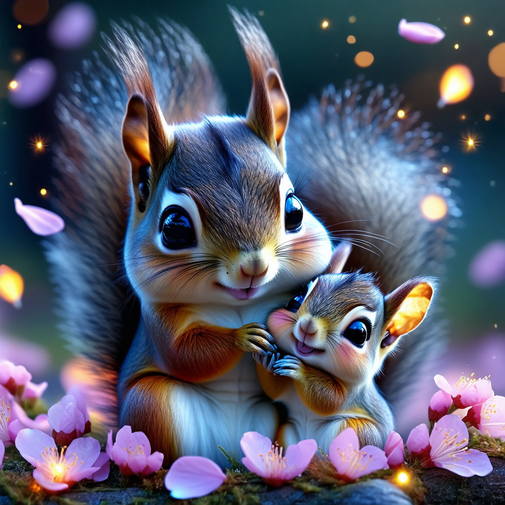 Squirrel hugging a baby Squirrel