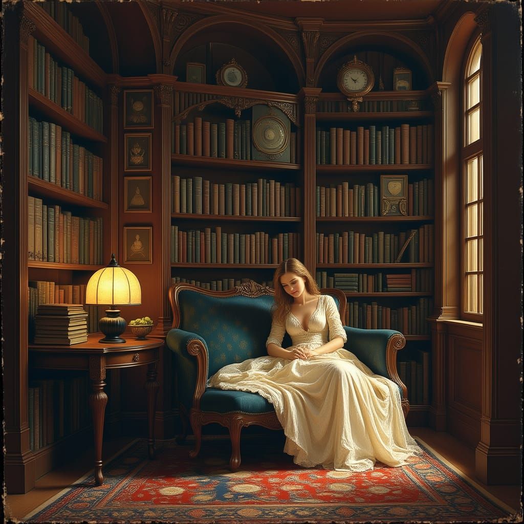 Elegant Woman Reading in Cozy Library Alcove