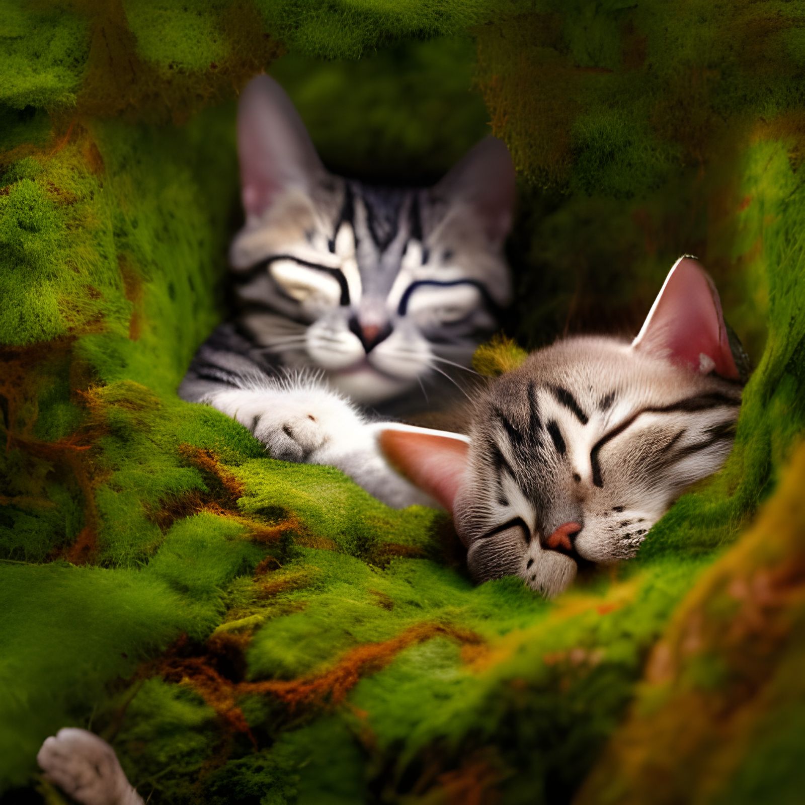 sleeping cats in a nest of moss  by @Sebastian