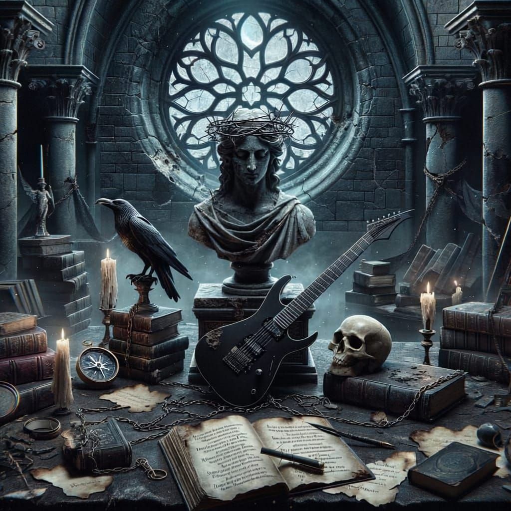 Cinematic YouTube banner, panoramic (21:9). Dark gothic library ruins, moonlight through broken rose window. Central: Ancient marble bust wi...