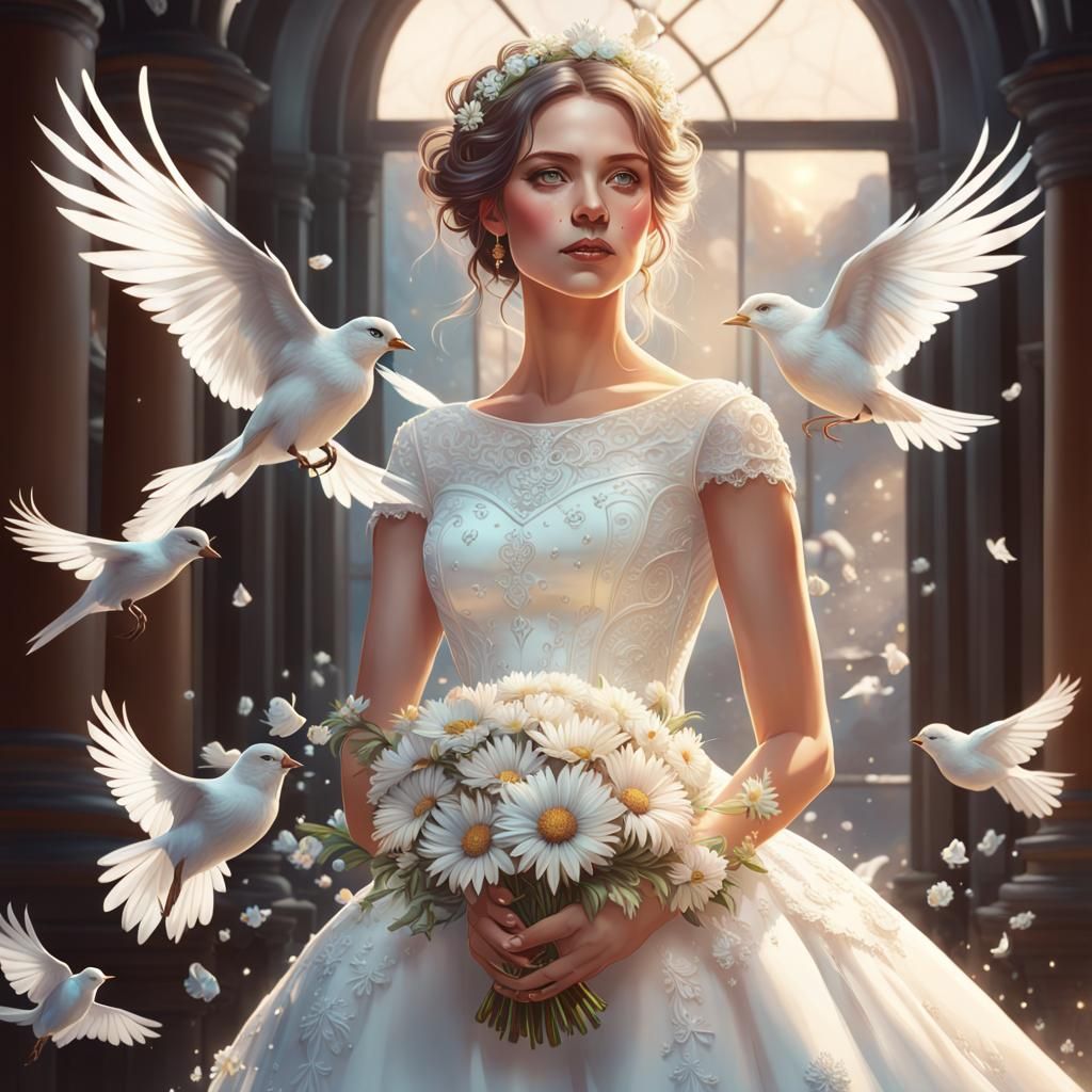 Radiant Bride with Daisies, Art Nouveau Portrait